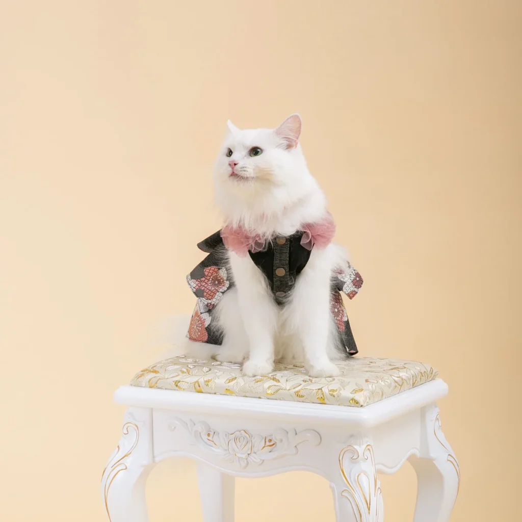 ANNACANEの西陣織帯リメイク和装ペット衣装を着た白い猫が、装飾的なスツールに座っている。